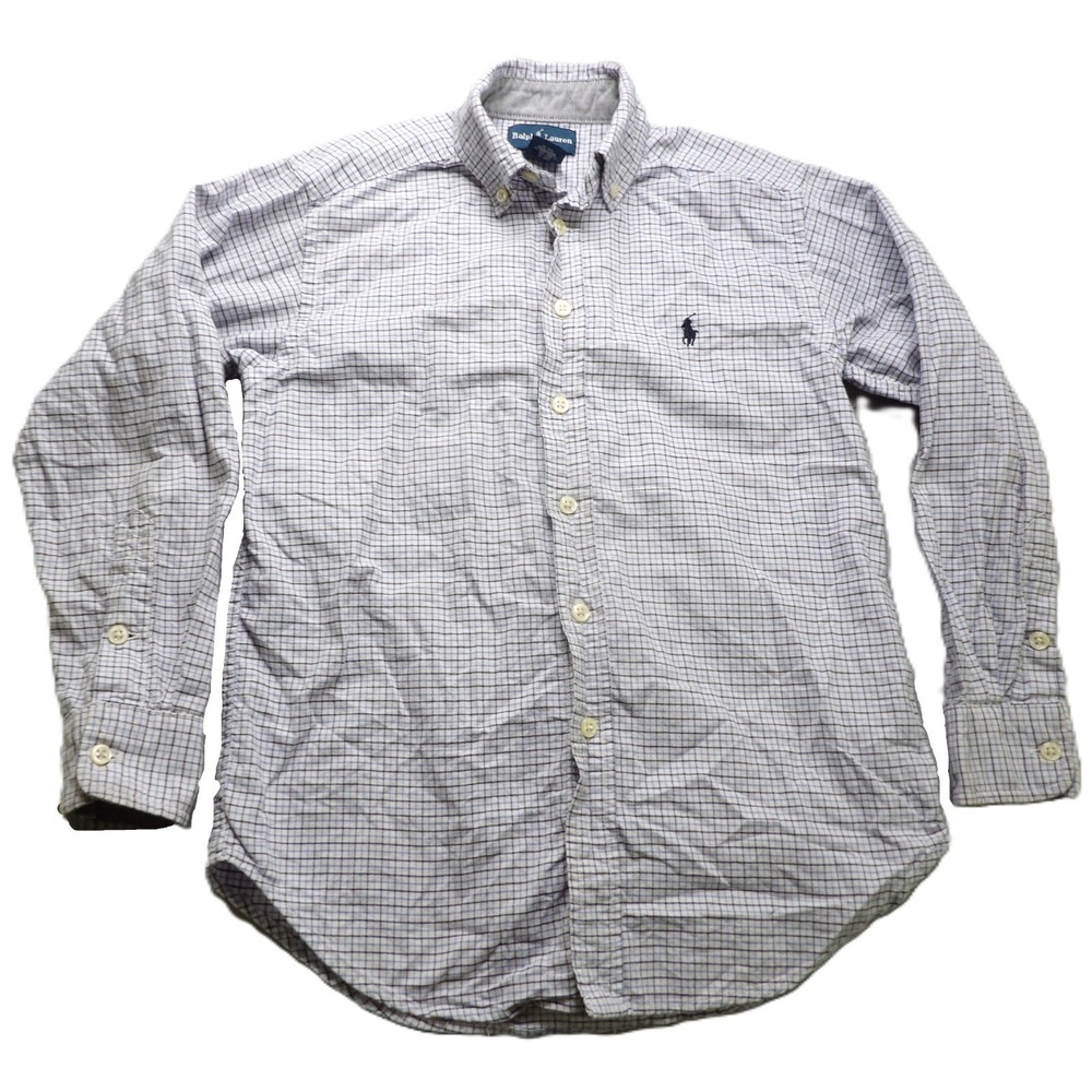 Polo Ralph Lauren Boys 8 White Plaid Cotton Oxford Shirt Long Sleeve OCBD Pony